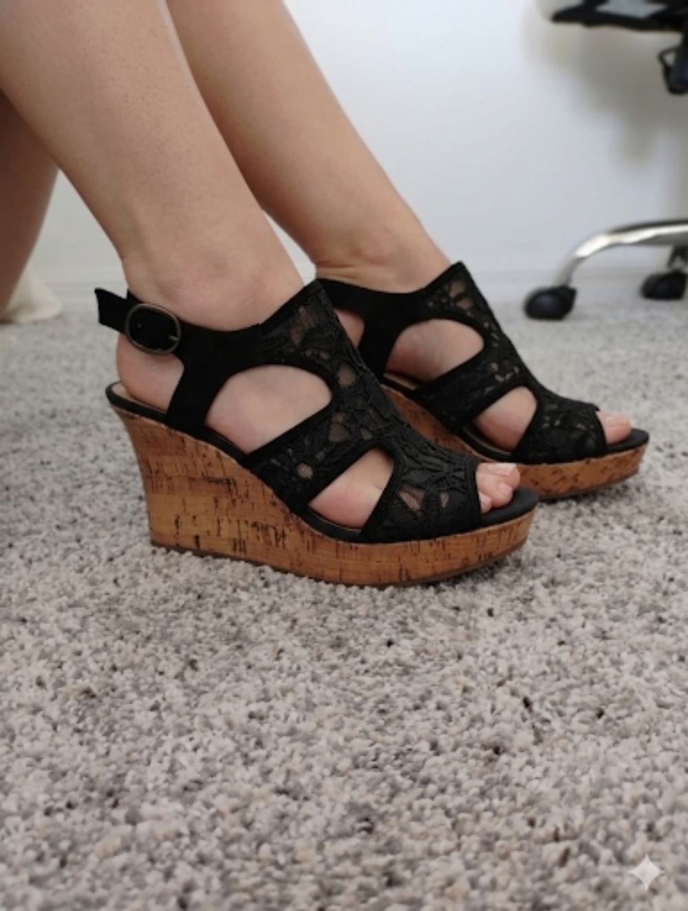DEPT 222 Artesia Black Women's Platform Cork Sandals 4" Heel Side Buckle 8W
